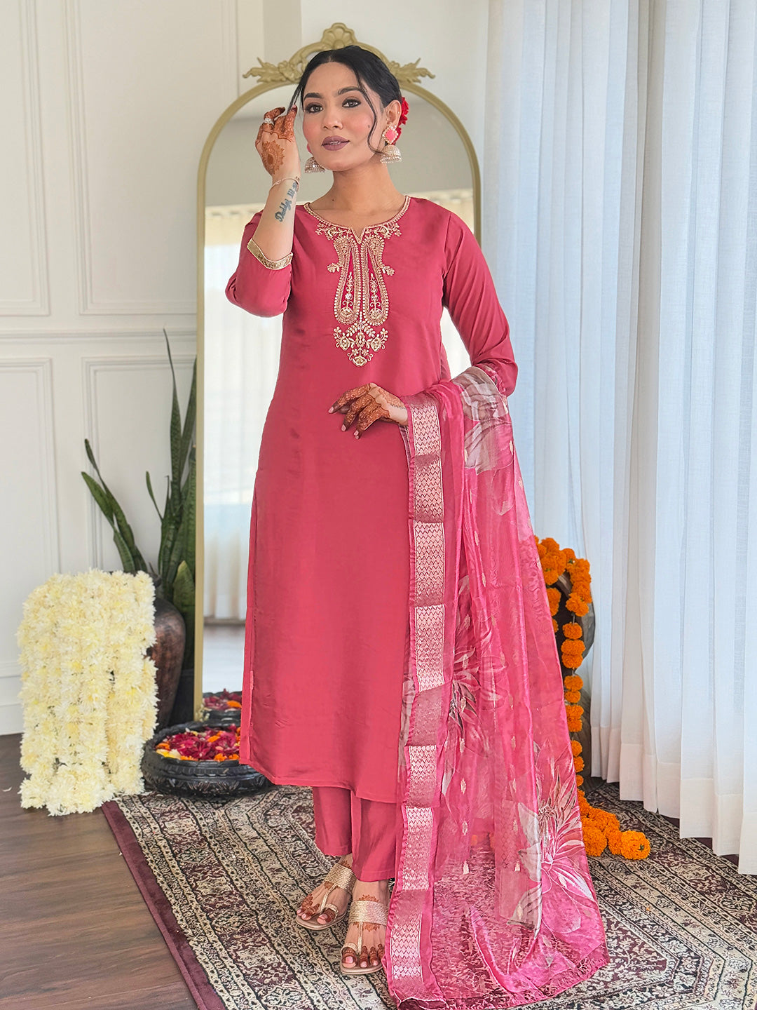 Women Rose Pink Embroidered Ku