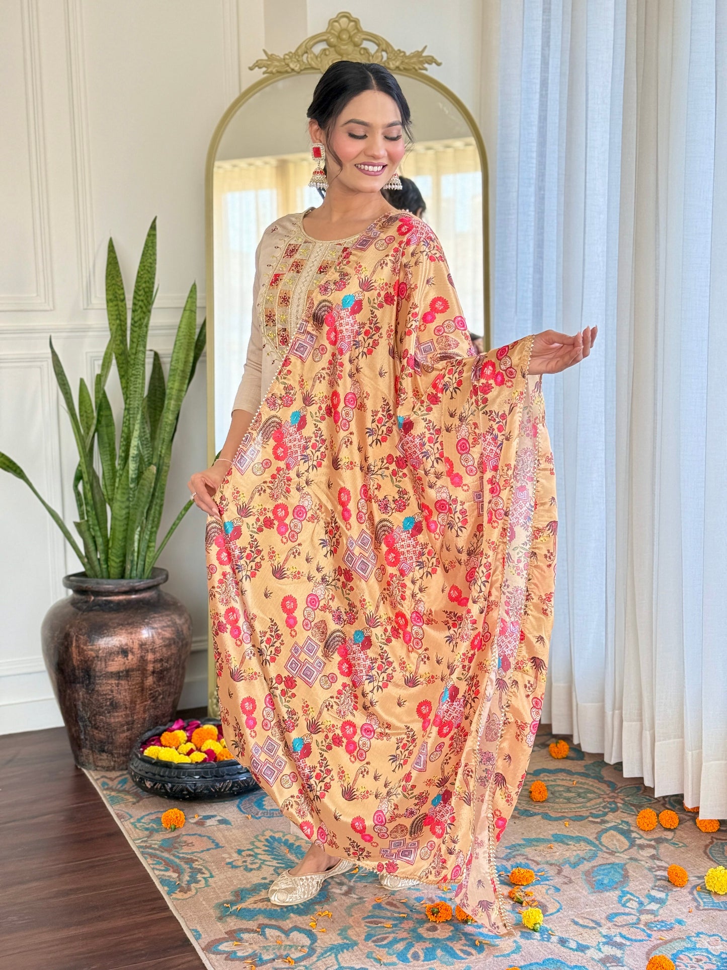 Beige Embroidered Kurta