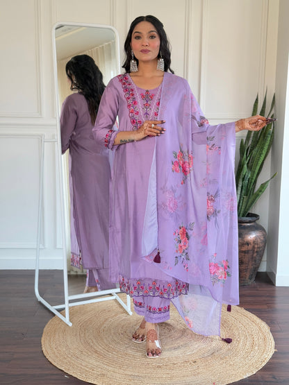 Women Lavender Embroidered Kurti