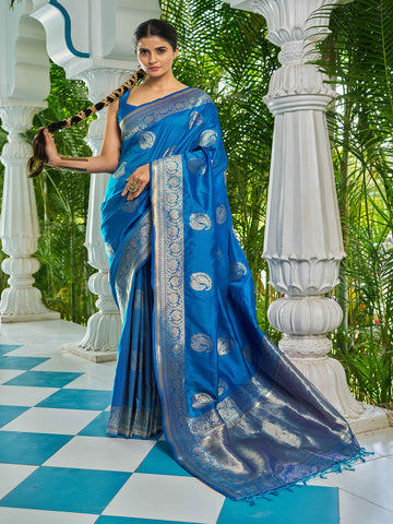 Swornof Womens Silk Saree with Zari Woven Saree With Blouse Piece - Blue