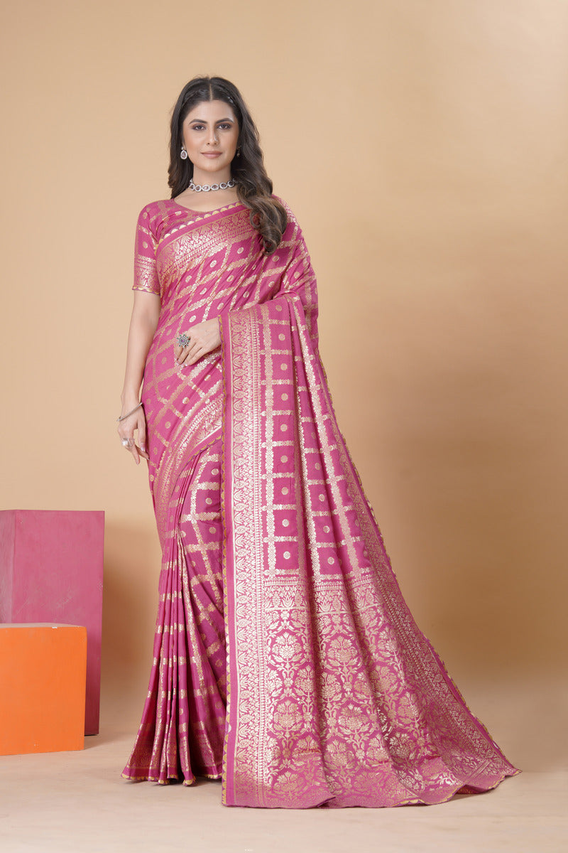 Light Pink Gold  Silk Cotton Saree - Woven Design | SANGINI