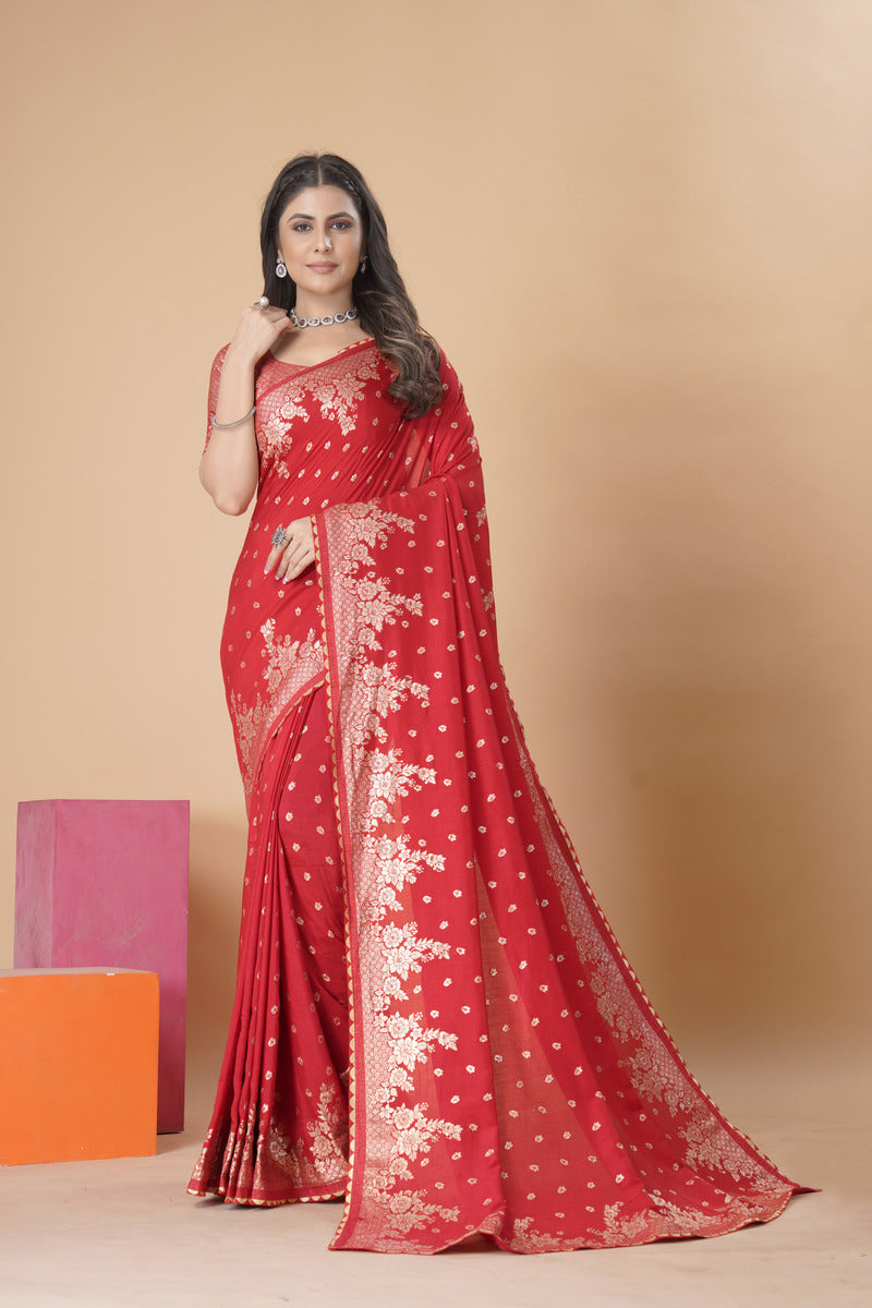 Red Gold  Silk Cotton Saree - Woven Design | SANGINI