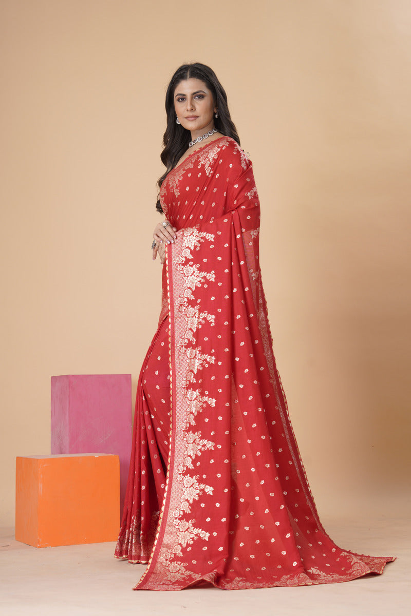 Red Gold  Silk Cotton Saree - Woven Design | SANGINI