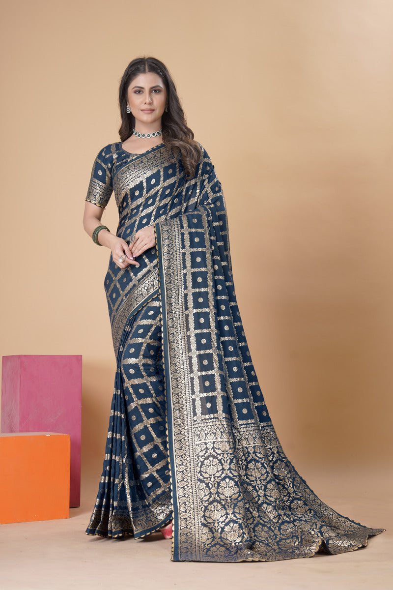 Blue Gold  Silk Cotton Saree - Woven Design | SANGINI