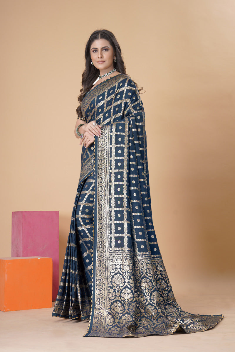 Blue Gold  Silk Cotton Saree - Woven Design | SANGINI