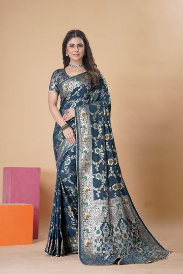 Blue Gold  Silk Cotton Saree - Woven Design | SANGINI