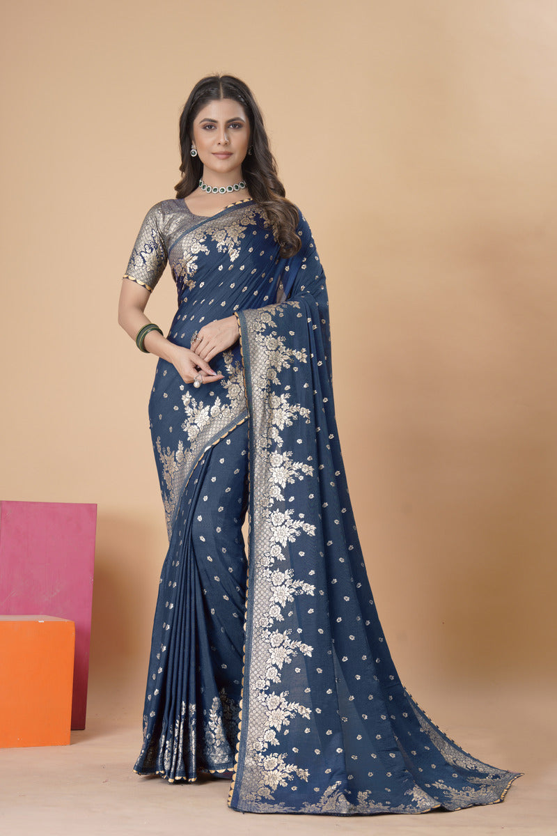 Blue Gold  Silk Cotton Saree - Woven Design | SANGINI