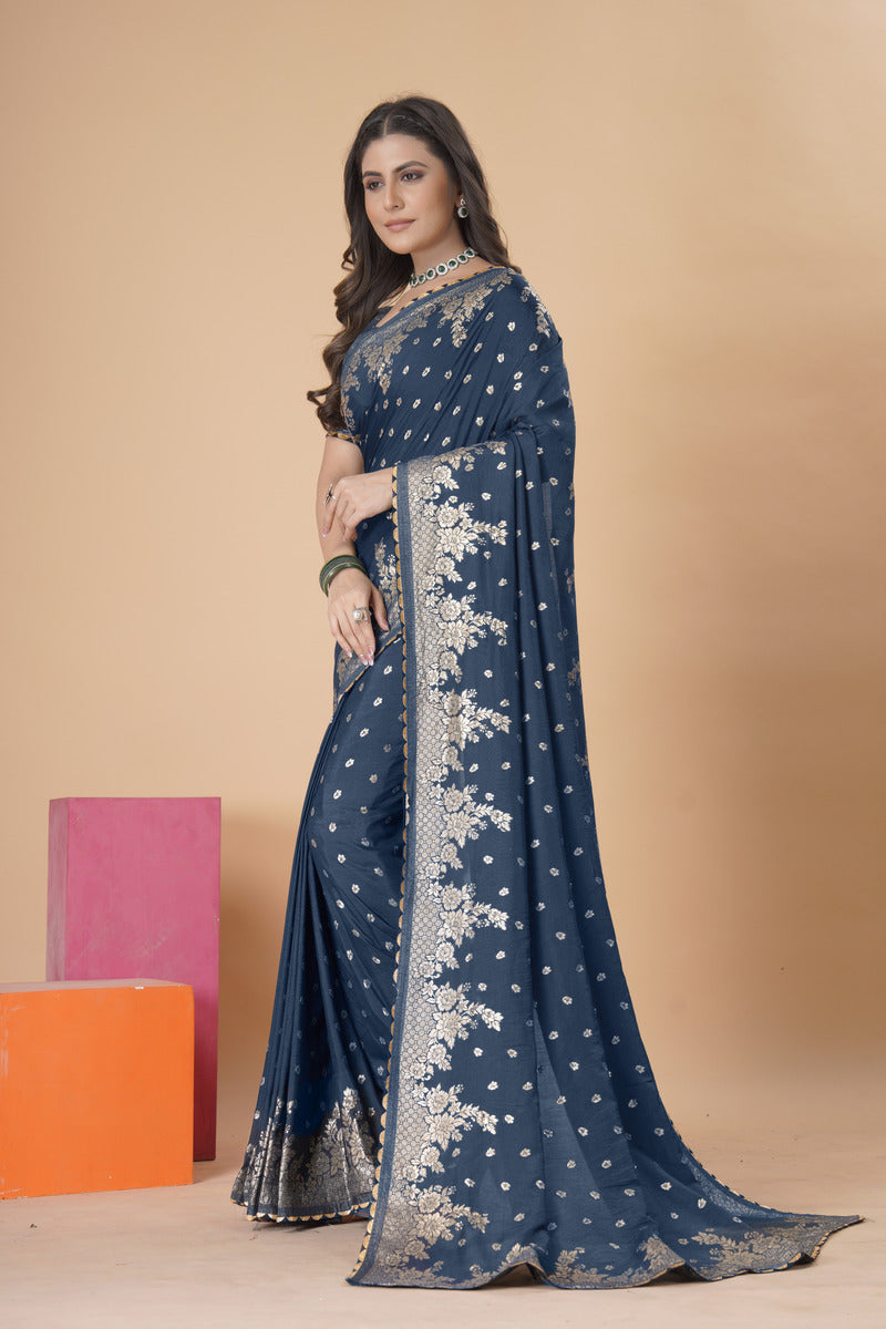 Blue Gold  Silk Cotton Saree - Woven Design | SANGINI