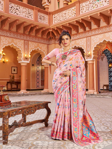 Swornof Womens Cotton Pashamina Saree - Pink