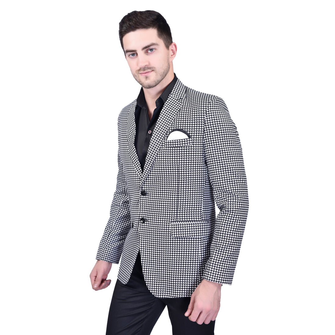 BOWLIFESTYLE Black-White Cotton Blend Solid Blazer