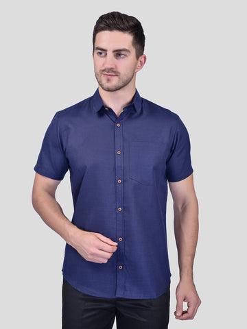 Navy Blue Cotton Linen Shirt for Men - Solid Design by PRINTCULTR