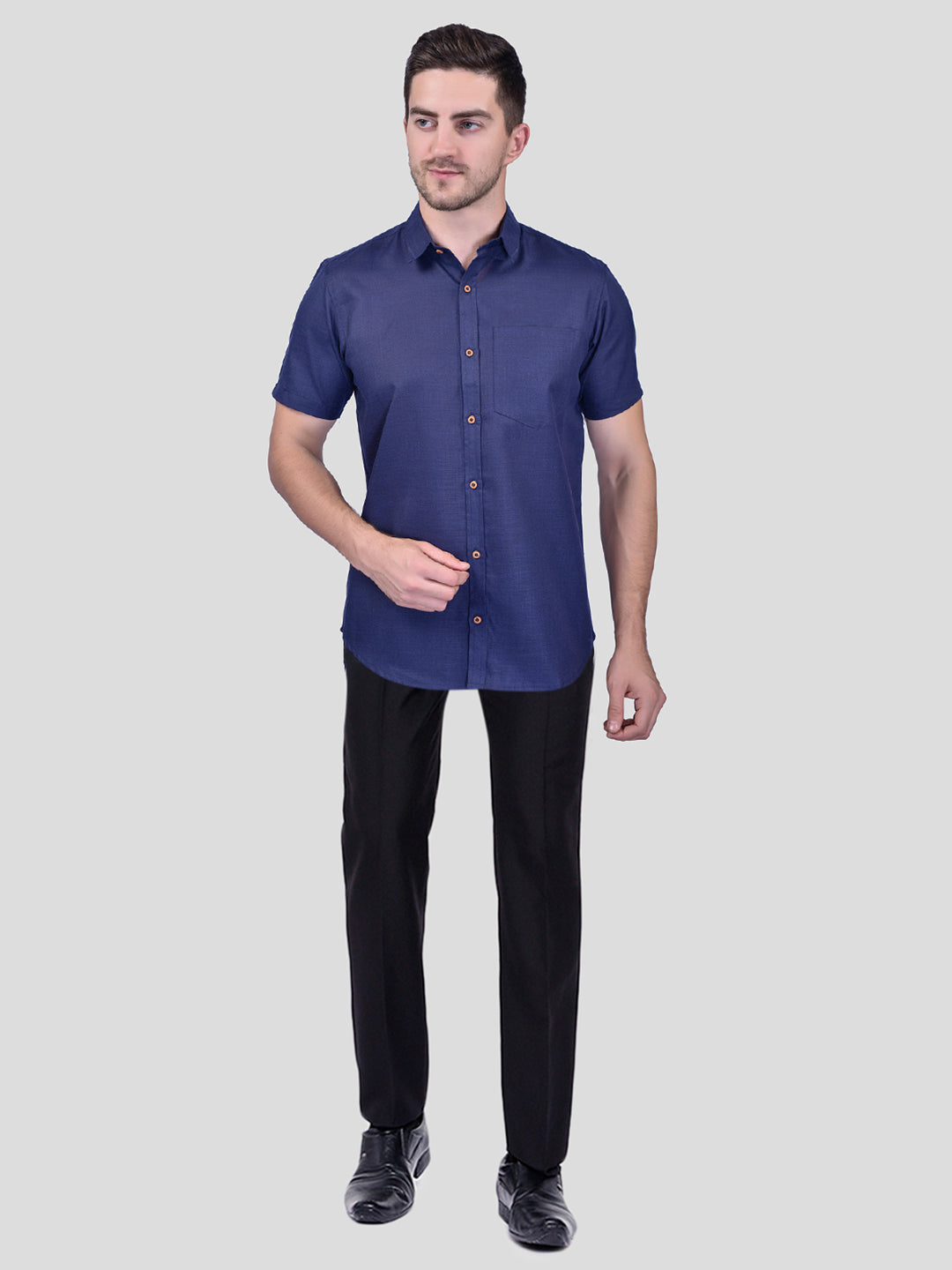 Navy Blue Cotton Linen Shirt for Men - Solid Design by PRINTCULTR