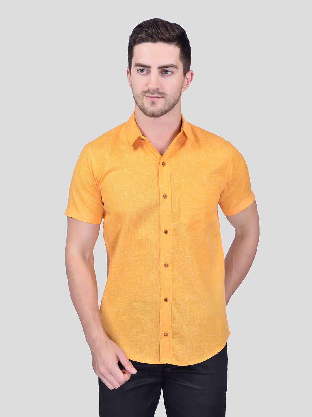 Yellow Cotton Linen Shirt for Men – Solid Design by PRINTCULTR