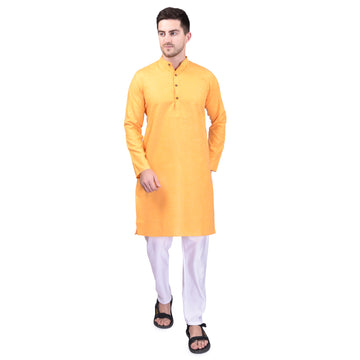 BOWLIFESTYLE Yellow Solid Cotton Kurta Pant Set