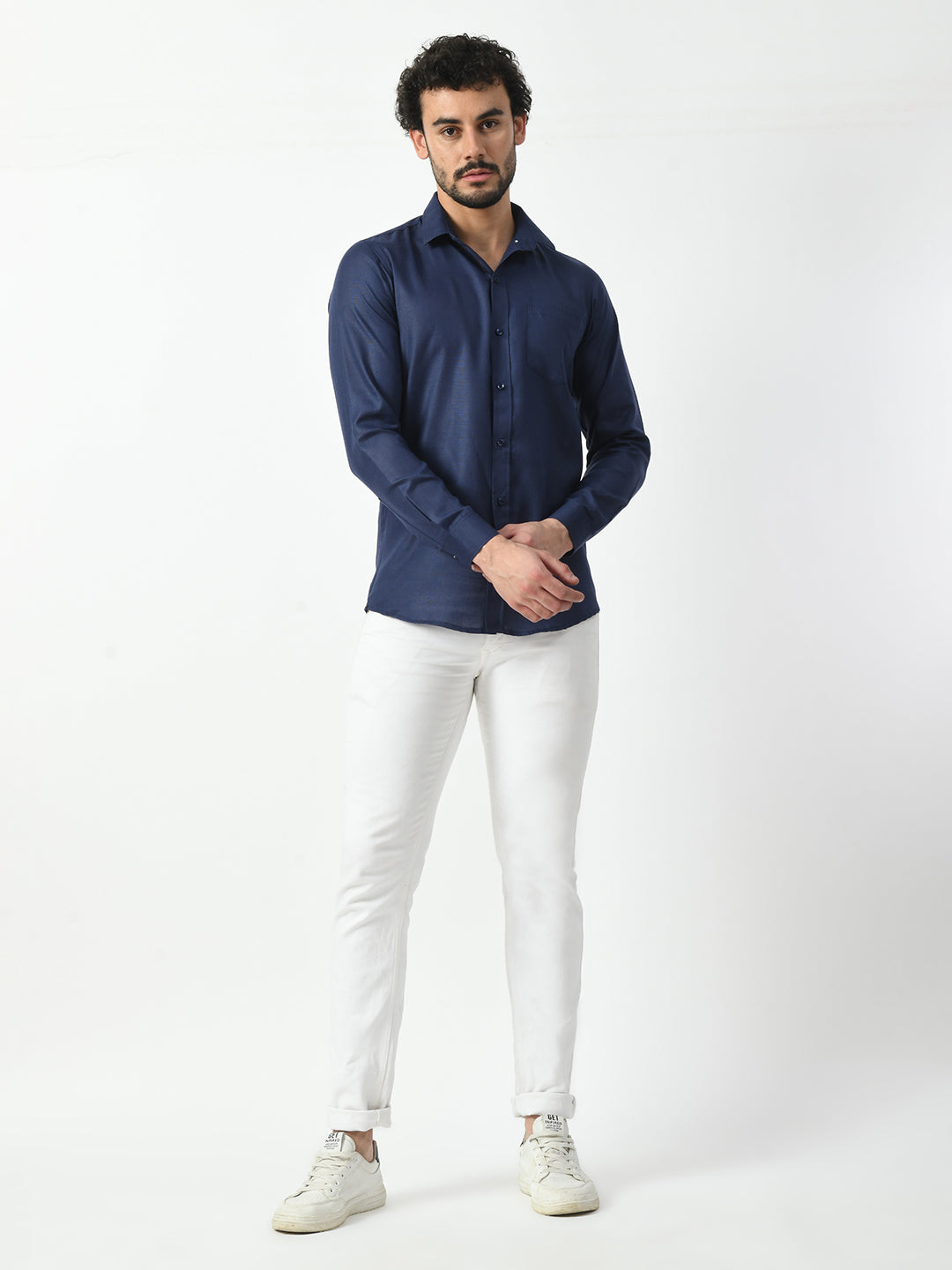 Navy Blue Cotton Linen Shirt for Men - PRINTCULTR