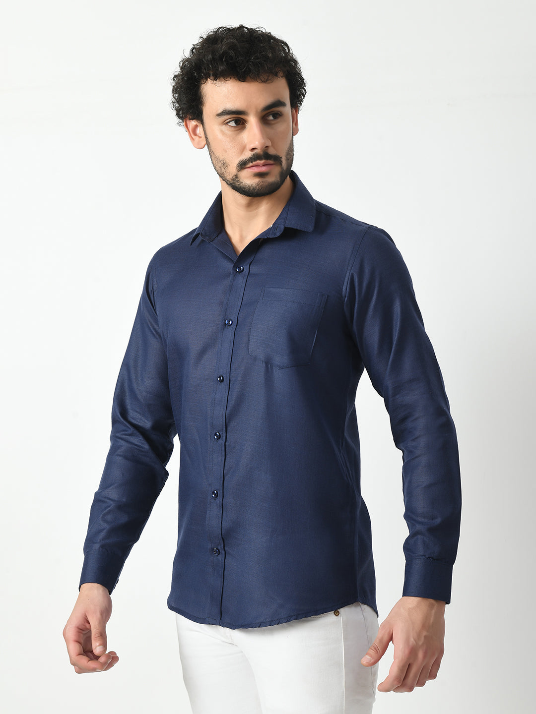 Navy Blue Cotton Linen Shirt for Men - PRINTCULTR