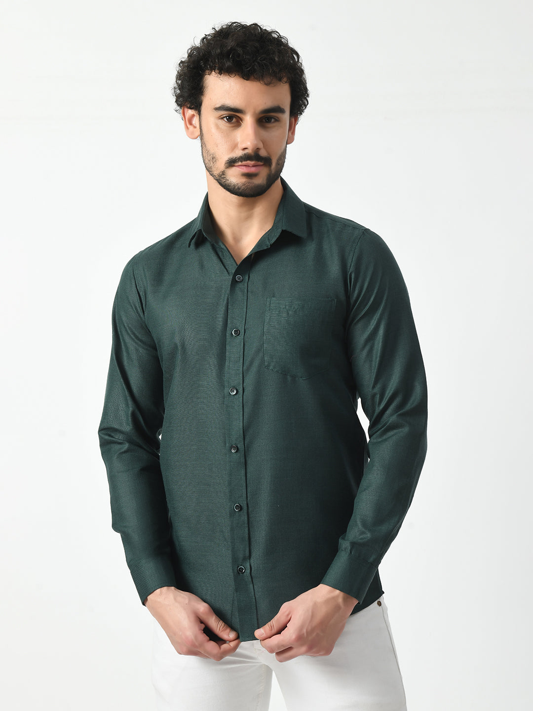 Dark Green Cotton Linen Shirt for Men- PRINTCULTR