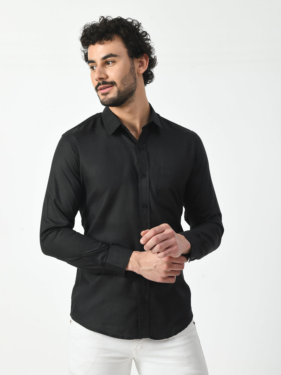 Black Cotton Linen Shirt for Men - Solid Design | PRINTCULTR"