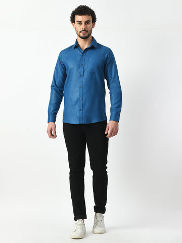 Blue Cotton Linen Solid Shirt for Men | PRINTCULTR