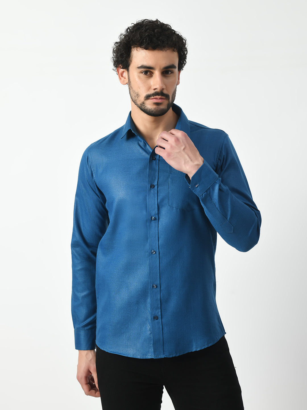 Blue Cotton Linen Solid Shirt for Men | PRINTCULTR