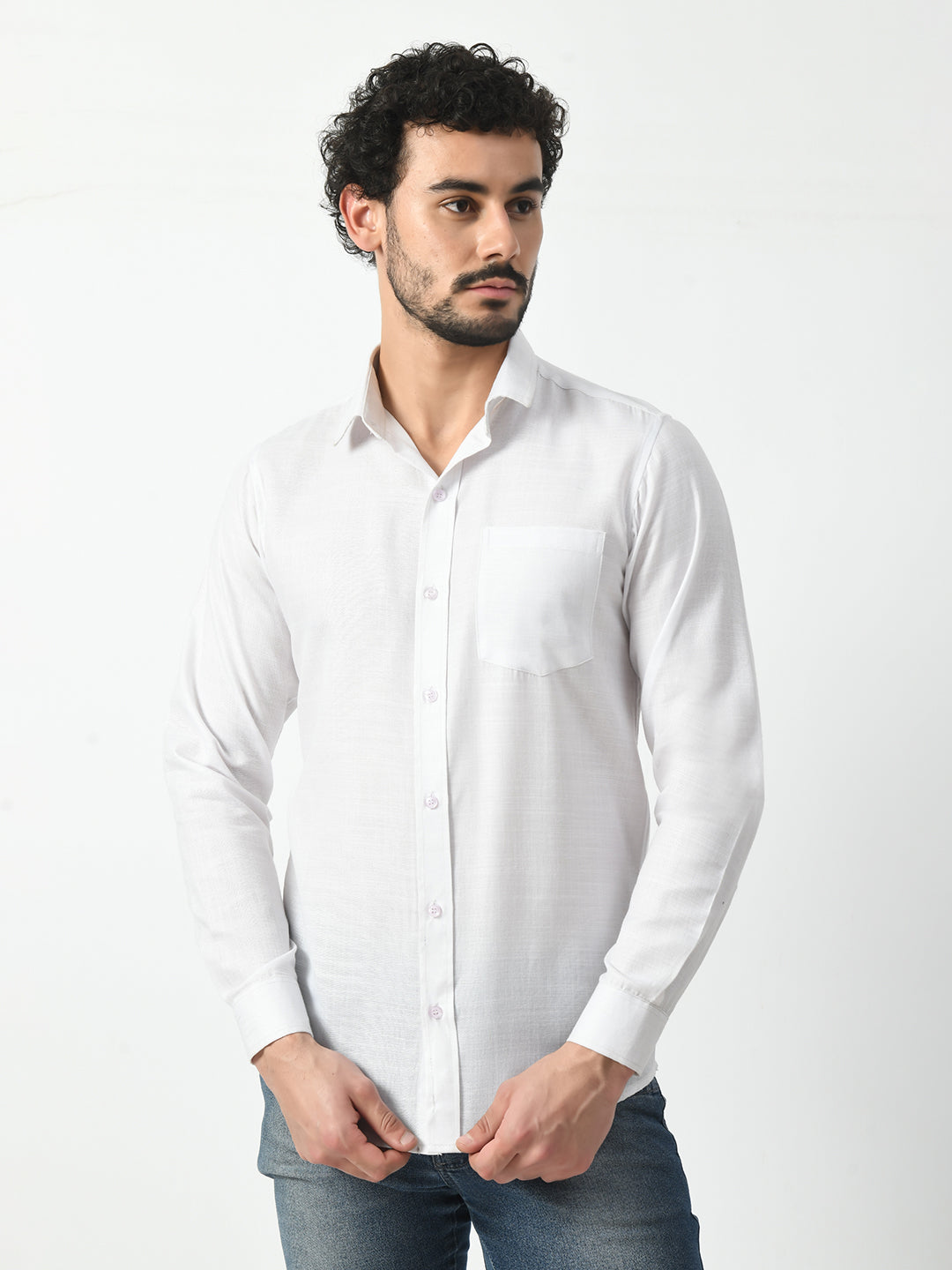 White Cotton Linen Shirt for Men - Solid Design by PRINTCULTR