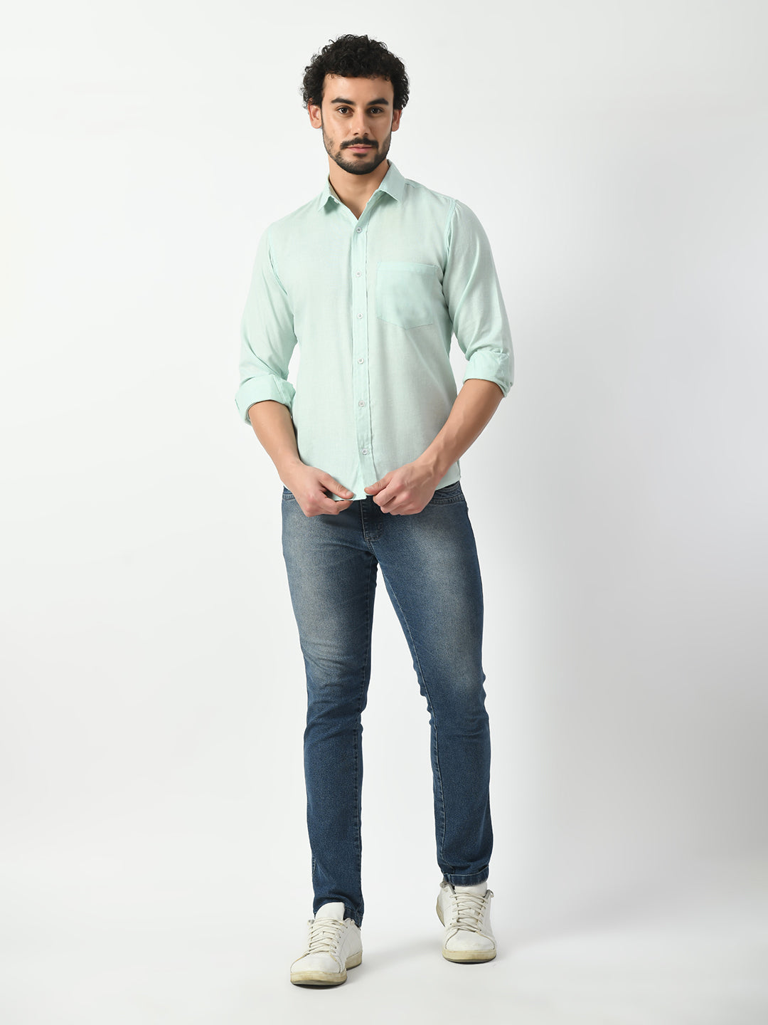 Aqua Cotton Linen Shirt - Solid Design for Men | PRINTCULTR