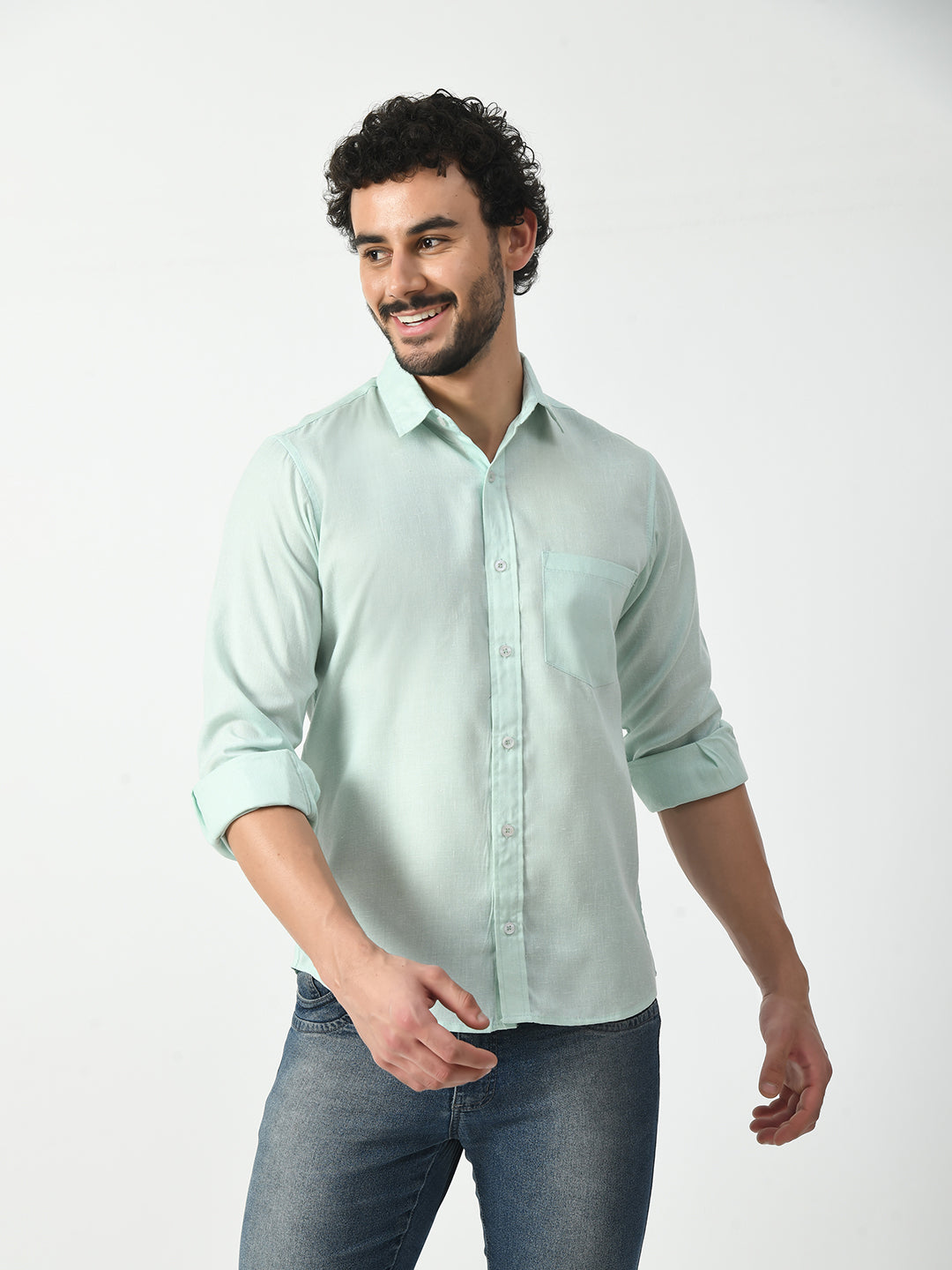 Aqua Cotton Linen Shirt - Solid Design for Men | PRINTCULTR