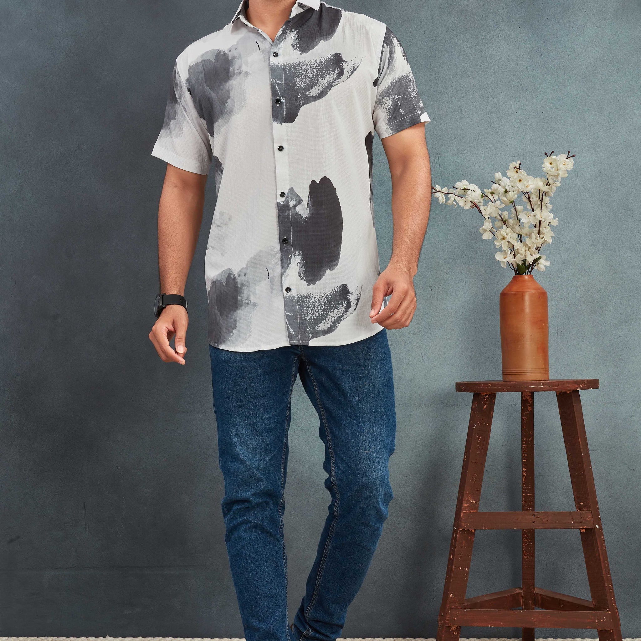 White Men's Cotton Printed Shirt - Breathable & Stylish | BOWLIFESTYLE