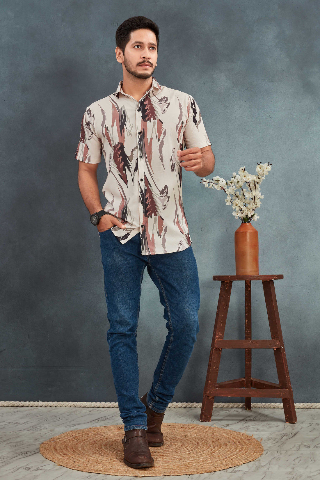 Cream Men's Cotton Printed Shirt - Stylish & Comfortable | BOWLIFESTYLE