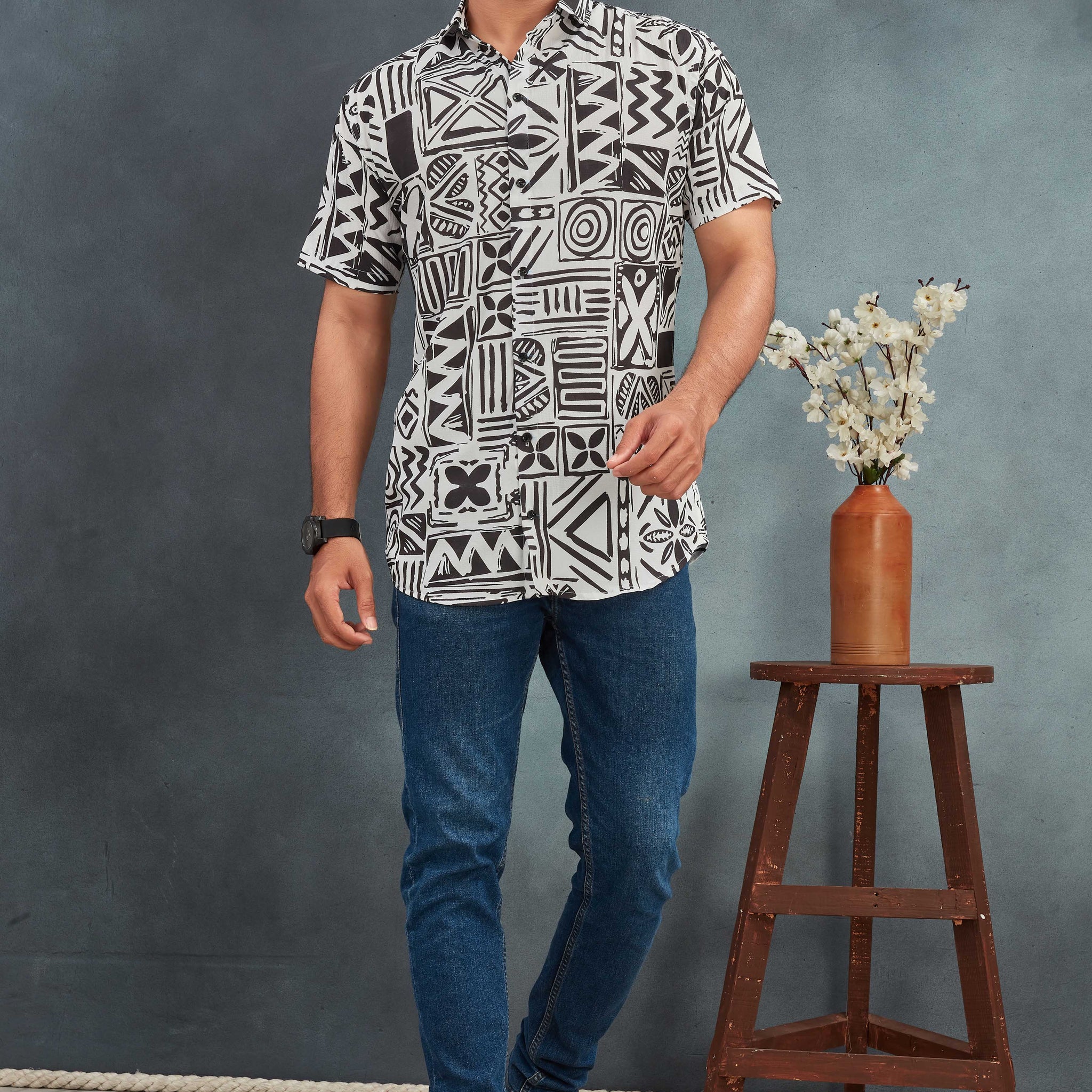 White Men's Cotton Printed Shirt - Stylish & Comfortable | BOWLIFESTYLE