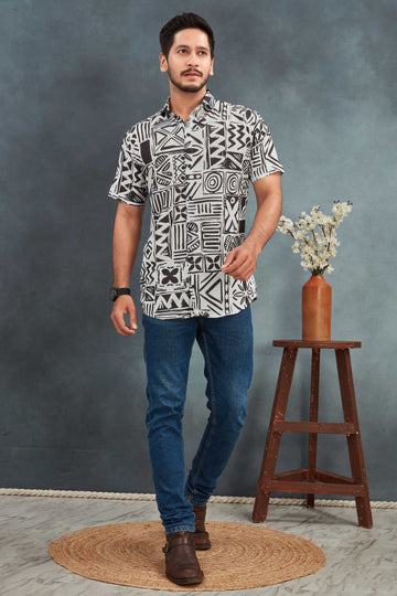 White Men's Cotton Printed Shirt - Stylish & Comfortable | BOWLIFESTYLE