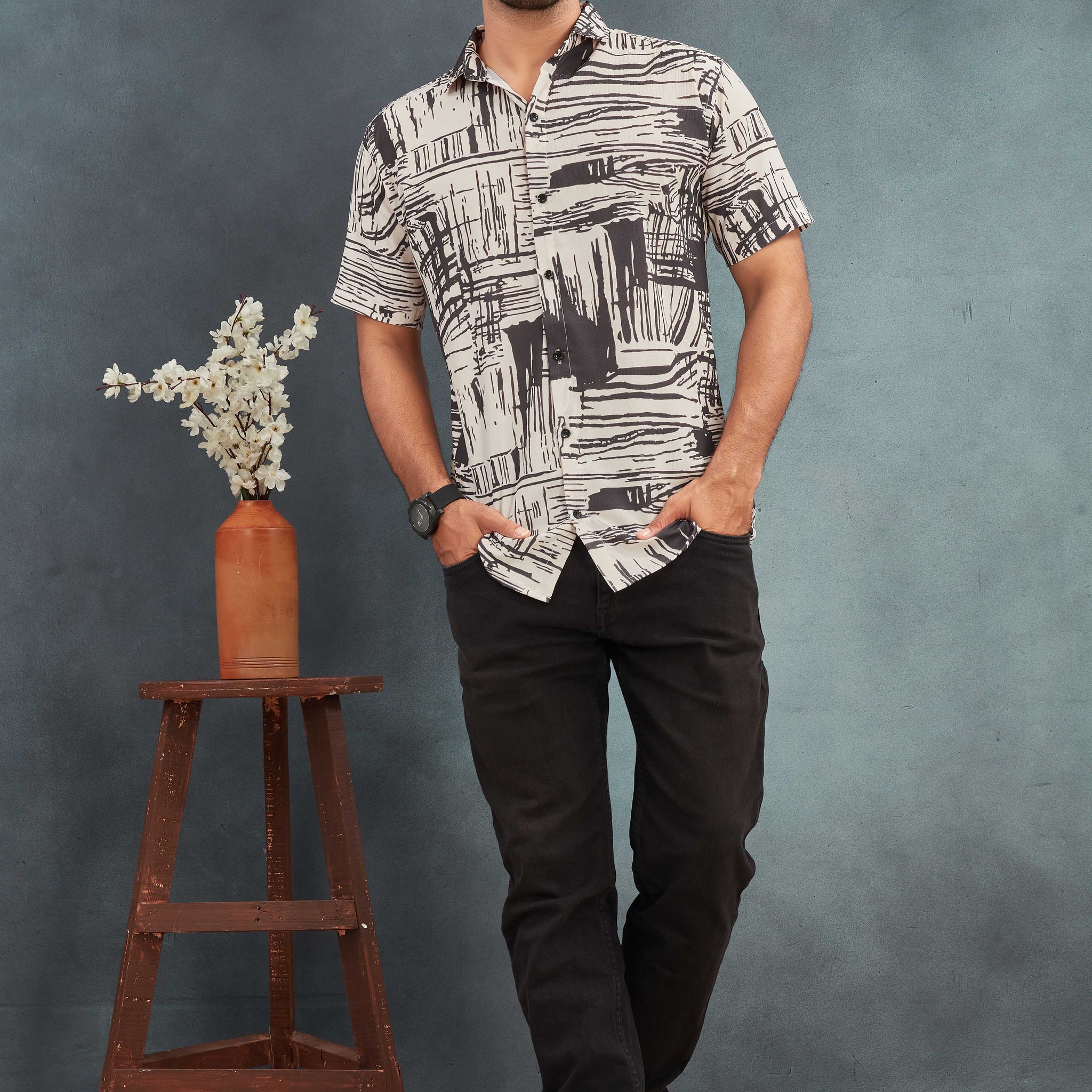 Cream Men's Cotton Printed Shirt - Stylish & Comfortable | BOWLIFESTYLE