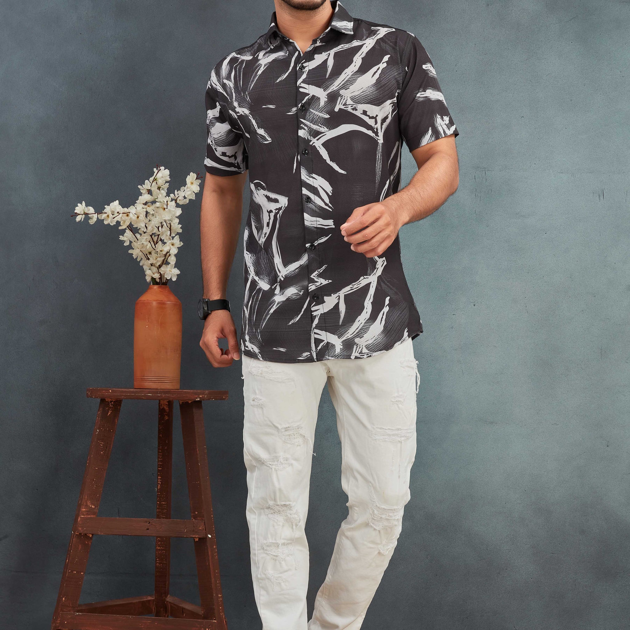 Shirt Black Men's Cotton Printed Outfit - BOWLIFESTYLE