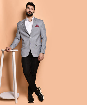 BOWLIFESTYLE Grey Cotton Blend Solid Blazer