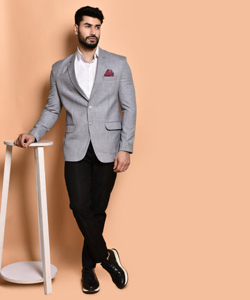 BOWLIFESTYLE Grey Cotton Blend Solid Blazer