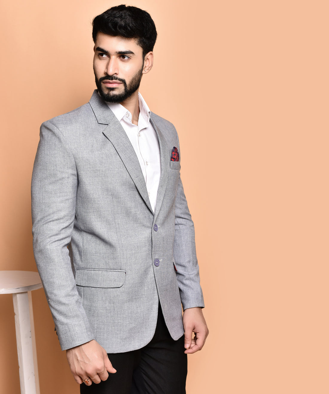 BOWLIFESTYLE Grey Cotton Blend Solid Blazer