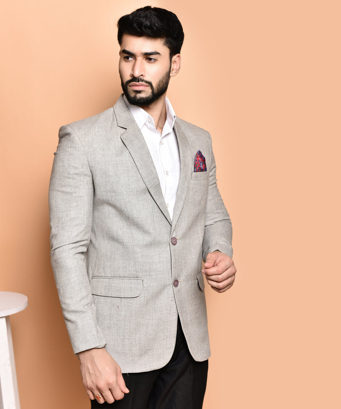 BOWLIFESTYLE Grey Cotton Blend Solid Blazer