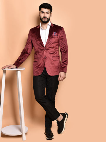 BOWLIFESTYLE Maroon Velvet Solid Blazer