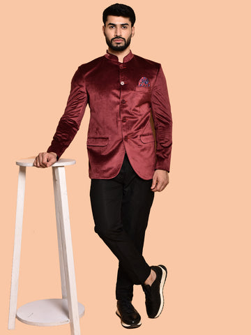 BOWLIFESTYLE Maroon Velvet Solid Blazer