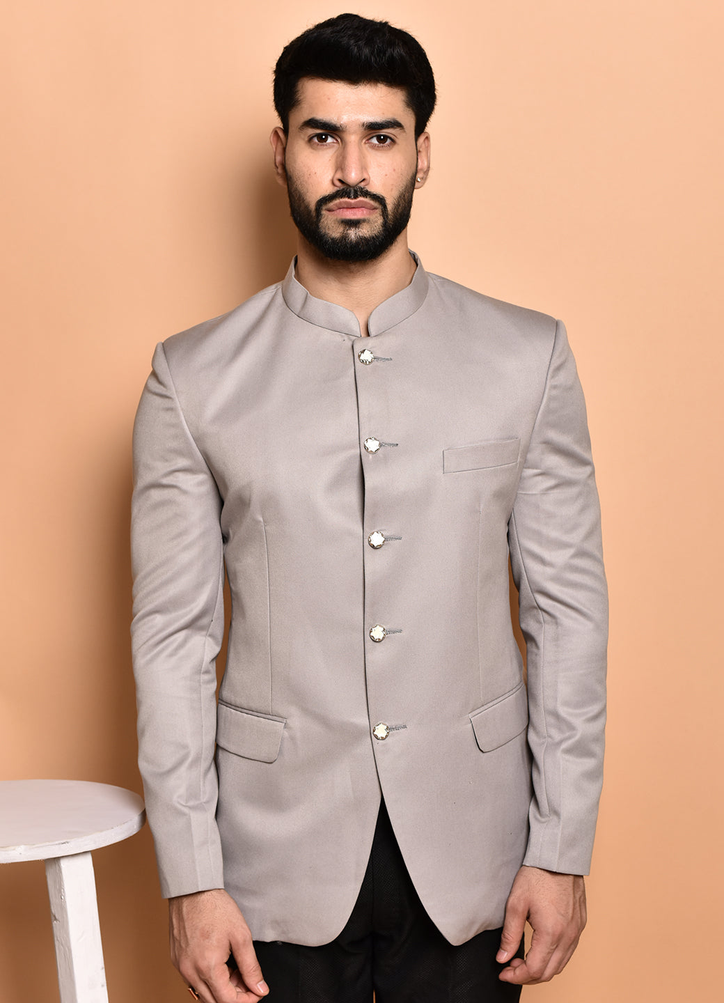 BOWLIFESTYLE Grey Cotton Blend Solid Blazer