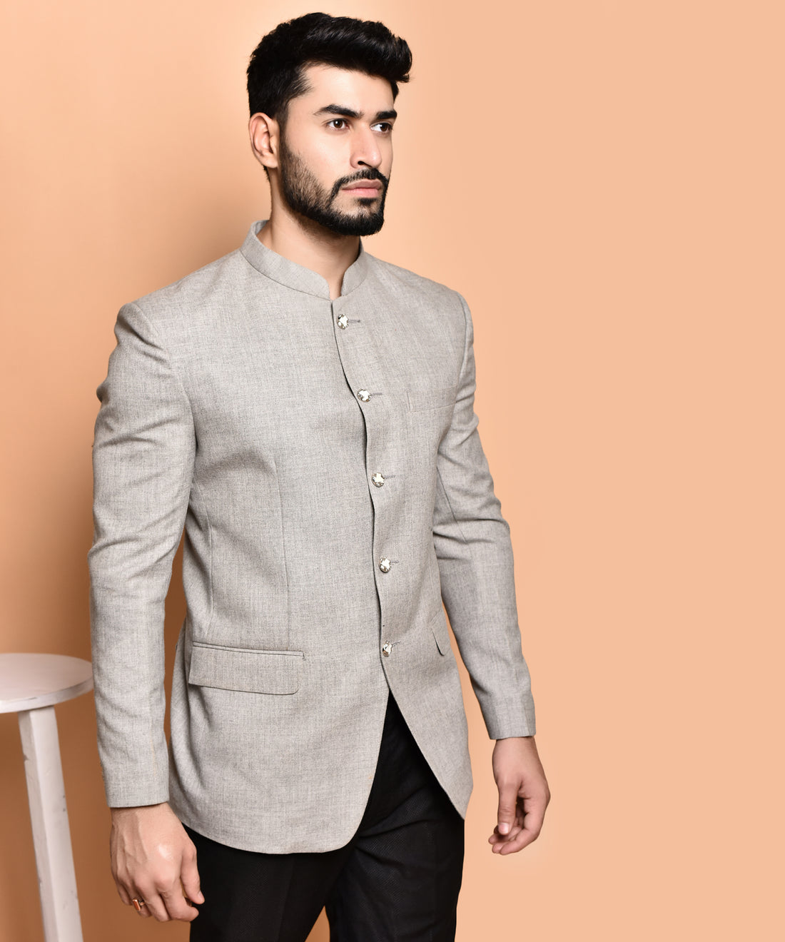 BOWLIFESTYLE Grey Cotton Blend Solid Blazer