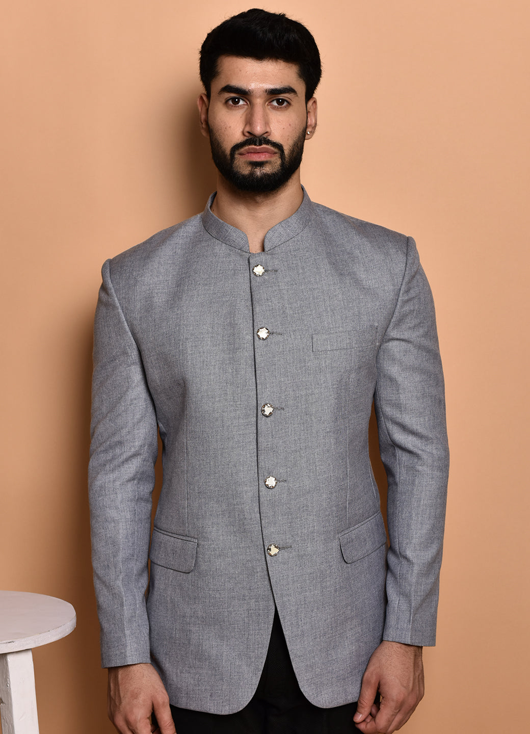 BOWLIFESTYLE Grey Cotton Blend Solid Blazer