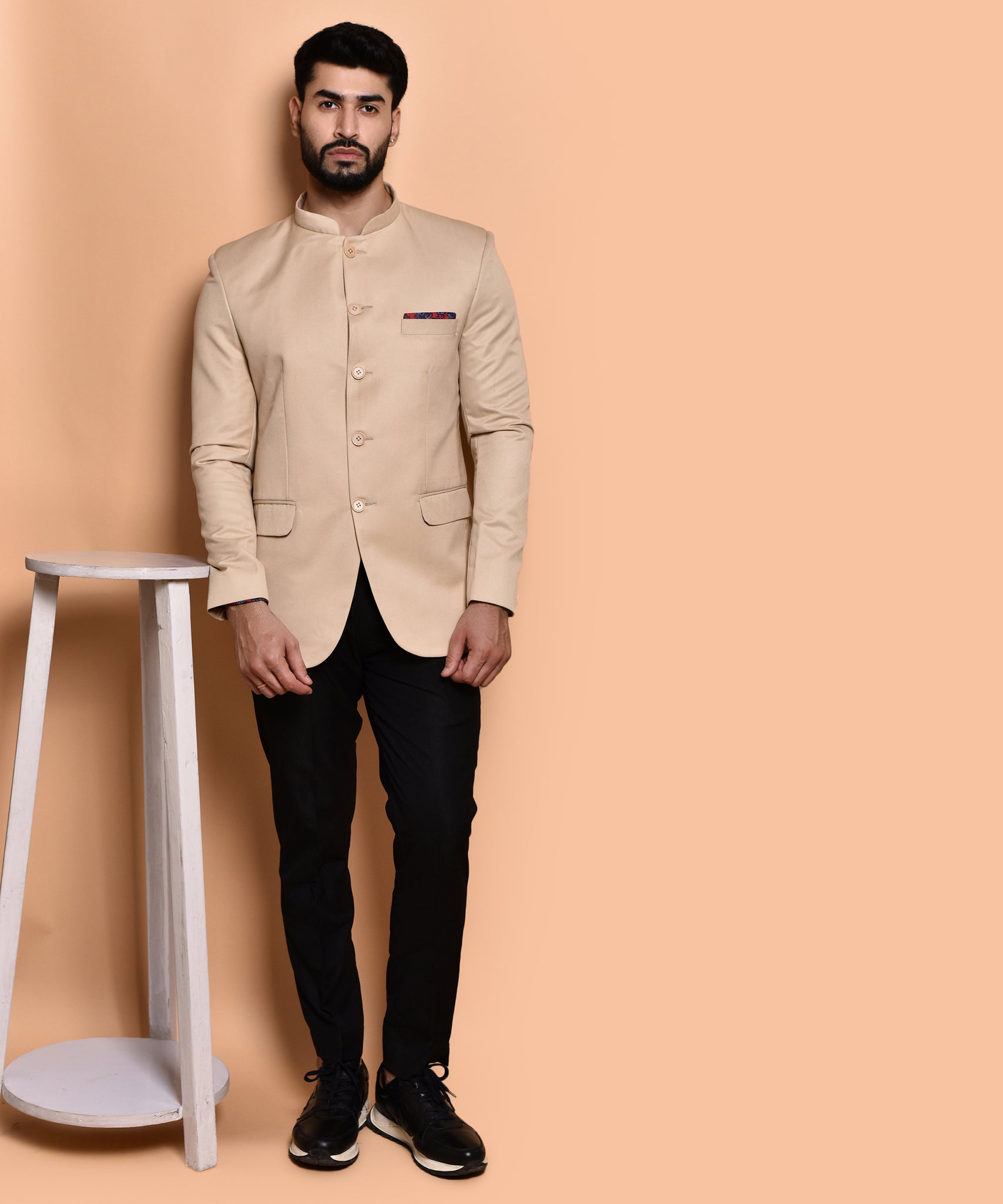 BOWLIFESTYLE Beige Cotton Blend Solid Blazer