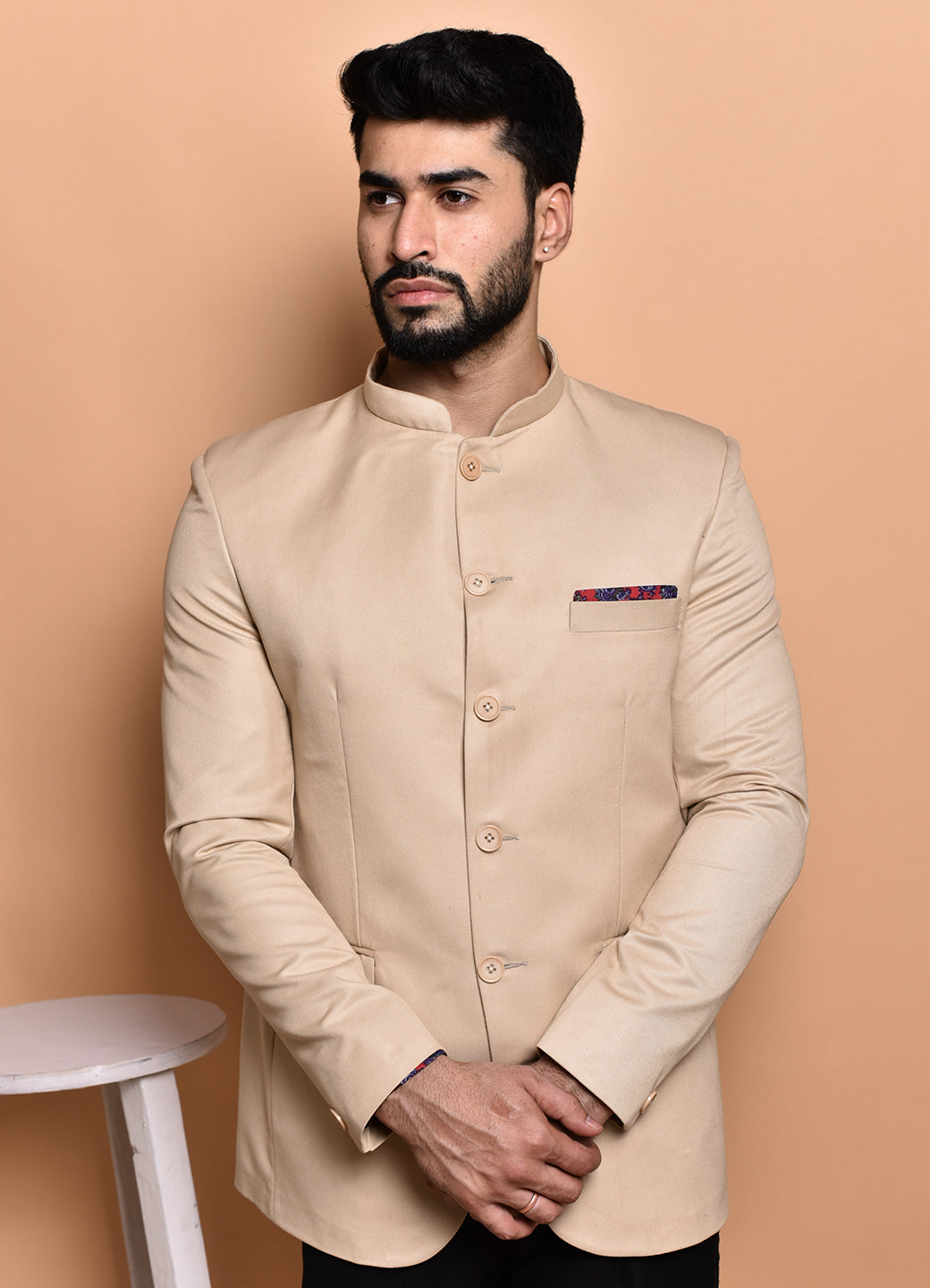 BOWLIFESTYLE Beige Cotton Blend Solid Blazer