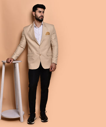 BOWLIFESTYLE Beige Cotton Blend Solid Blazer