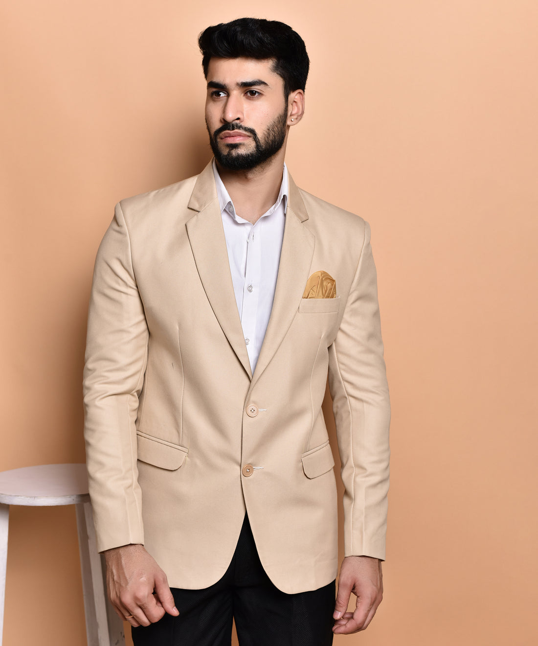 BOWLIFESTYLE Beige Cotton Blend Solid Blazer