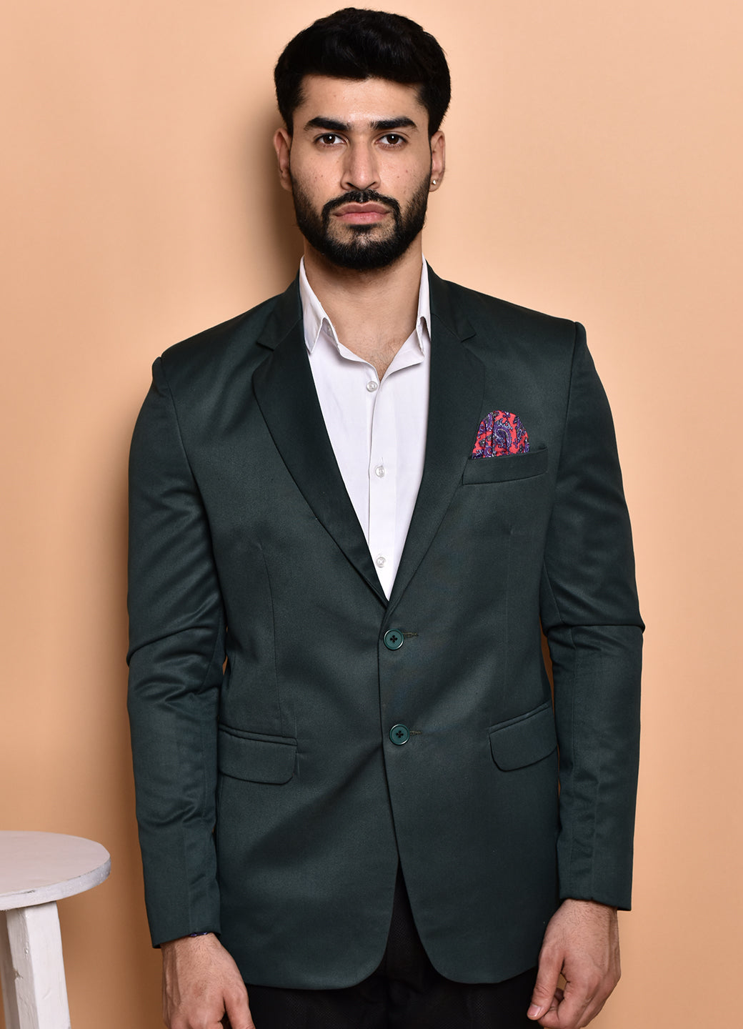 BOWLIFESTYLE Dark Green Cotton Blend Solid Blazer