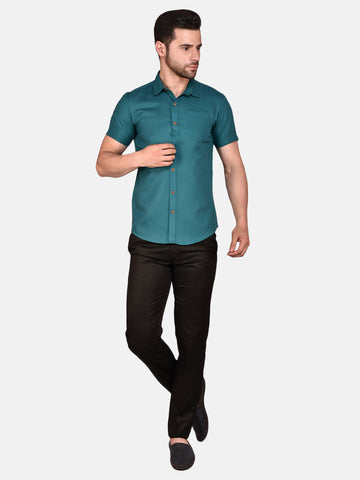 Teal Cotton Linen Shirt for Men - Solid Design by PRINTCULTR