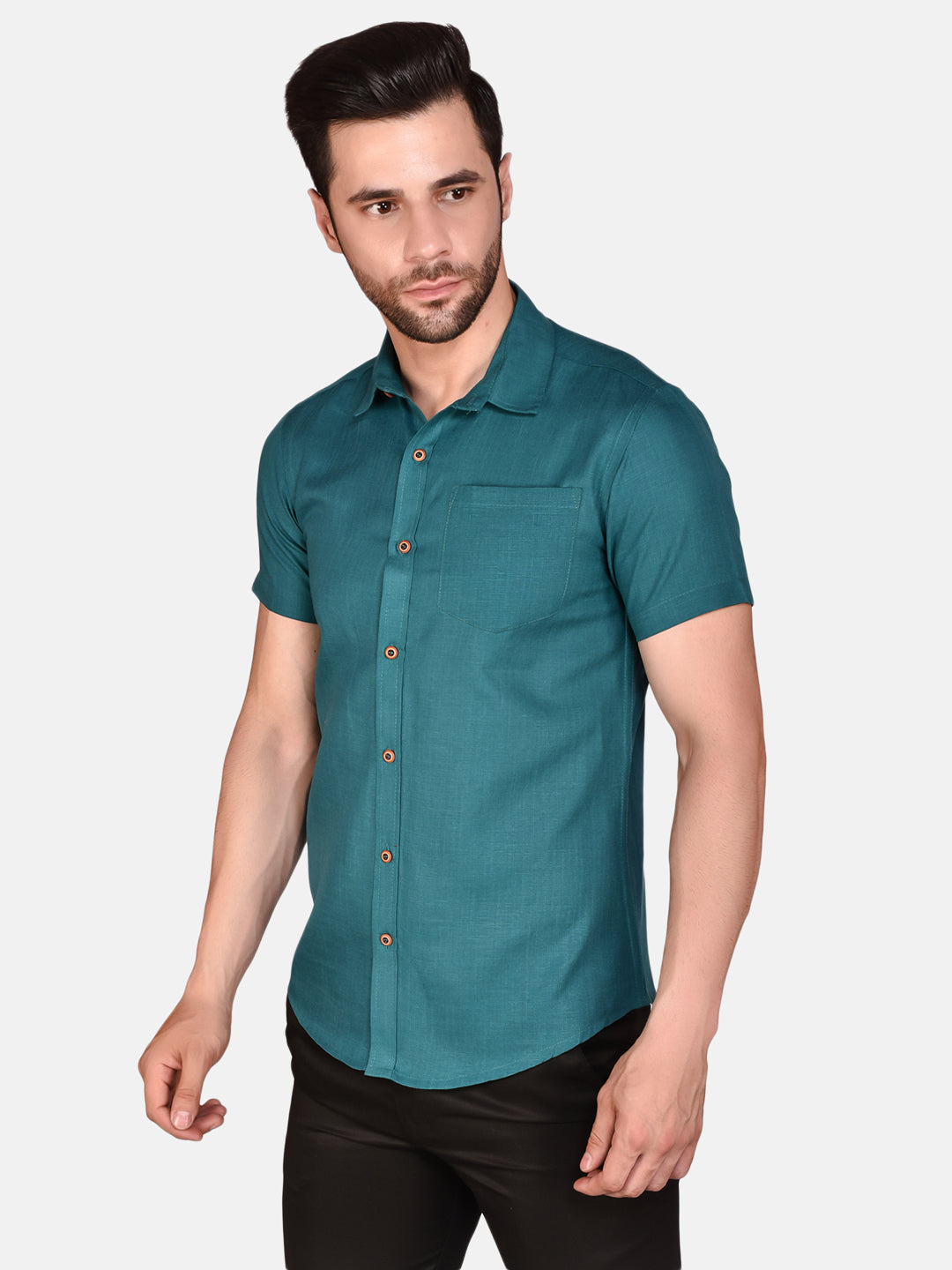 Teal Cotton Linen Shirt for Men - Solid Design by PRINTCULTR