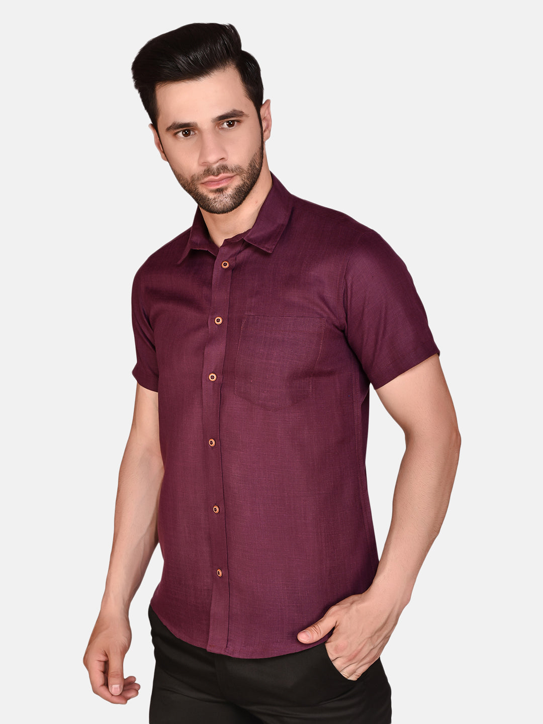 Brown Cotton Linen Solid Shirt for Men | PRINTCULTR